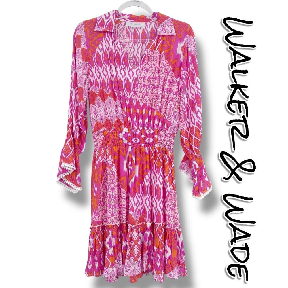 Walker & Wade Mia Dress Flamingo Ikat Smocked Waist Boho Mini Womens Size M